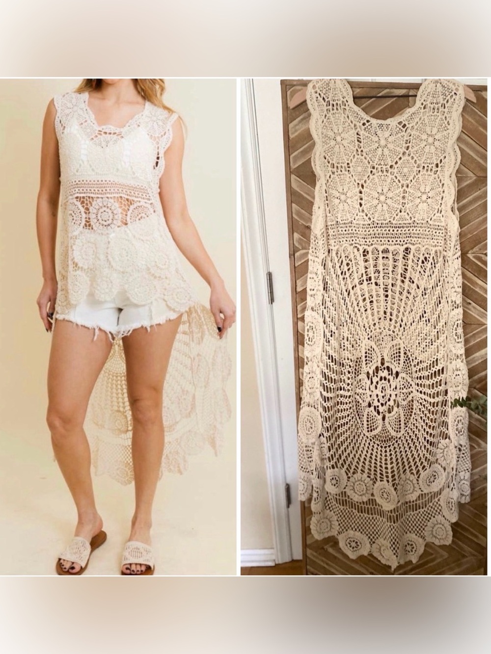Bohemian Hi -Lo Cream Crochet Duster Top